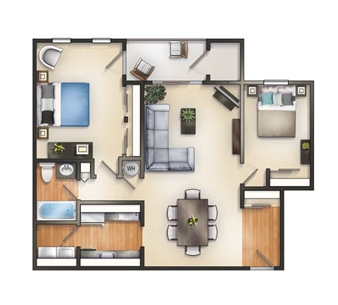 Floor plan for 1 bed, 1 bath, 888 sqft